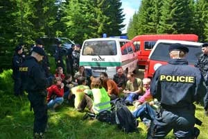 Policja usuwa aktywistów sprzeciwiających się wycince drzew w Parku Narodowym w Szumawie. Fot. Archiwum Hnutí Duha