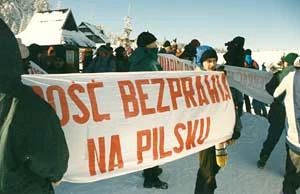 
Protest przeciwko nielegalnym wyciągom na Pilsku, luty 1996
