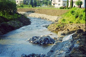 
Regulowanie rzek – widok znany praktycznie z całej Polski. Na zdjęciu rzeka Tabor w Rymanowie, 2004. Fot. Grzegorz Bożek
