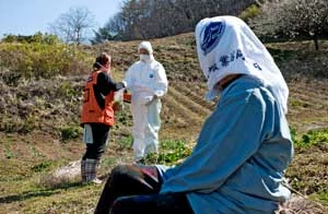Ekspertki Greenpeace Rianne Teule i Nikki Westwood podczas oznaczania skażenia roślin uprawnianych na terenie Fukushimy, w odległości 60km od uszkodzonej elektrowni Fukushima Daiichi. Radioaktywność warzyw przekracza od 50 do 60 razy dopuszczalne normy, © Christian Ĺslund / Greenpeace