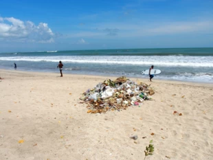 
Kuta – jedna z bardziej turystycznych miejscowości na Bali. Na jednej z plaż nie ma śmietników są za to sterty zagrabionych śmieci, co nie przeszkadza turystom na robienie sobie obok nich zdjęć. Fot. Aneta Szczepańska
