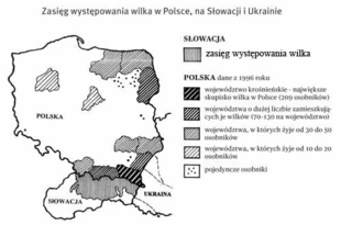 Kampanijna mapka pokazująca zasięg występowania wilka w 1996 roku, zamieszczona Miesięczniku Dzikie Życie, nr 9 (40), wrzesień 1997 r., s. 5