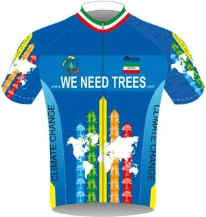 Specjalny strój kolarski promujący kampanię „We need trees”. Kompletny strój kolarski można kupić pisząc na adres Mohammada taki zakup wspiera kampanię.