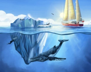 Ilustracja tytułowa do planowanej do wydania książki dla dzieci autorstwa Wojciecha Nawrockiego pt. „Antarktyka. Opowieści z dna końca świata”