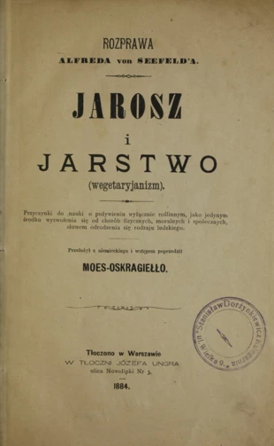 Okładka pracy „Jarosz i jarstwo (wegetaryjanizm)”. Źródło: CBN Polona
