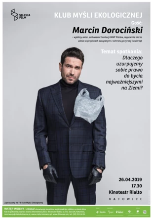 Plakat ze spotkania z Marcinem Dorocińskim w Klubie Myśli Ekologicznej