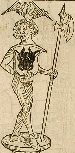 
Rysunek postaci słowiańskiego niby-boga Radegasta (XV w.). Źródło: Conrad Bothe, Cronecken der Sassen, Mainz (Moguncja) 1492, k. 121b (digitale-sammlungen.de)

