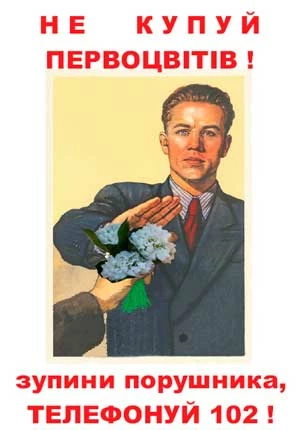 Plakat edukacyjny kampanii, napis u góry głosi: „Nie kupuj pierwszokwiatów!”, na dole: „Zatrzymaj sprawcę, dzwoń 102!”
