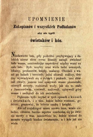 Pierwsza strona „Upomnienia Zakopianów i wszystkich Podhalanów aby nie tępili świstaków i kóz” M. Siła Nowicki i E. Janota, Kraków 1856; reprint nakładem Wydawnictwa Tatrzańskiego Parku Narodowego, zakopane 2004