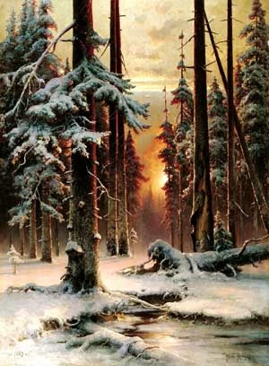 
Zimowy zachód w świerczynie, mal. Julius von Klever, 1889 r.
